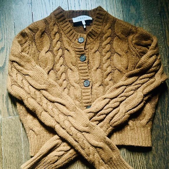 Frame Denim Cable Knit Button-Front Cardigan in Camel Brown - Picture 2 of 6